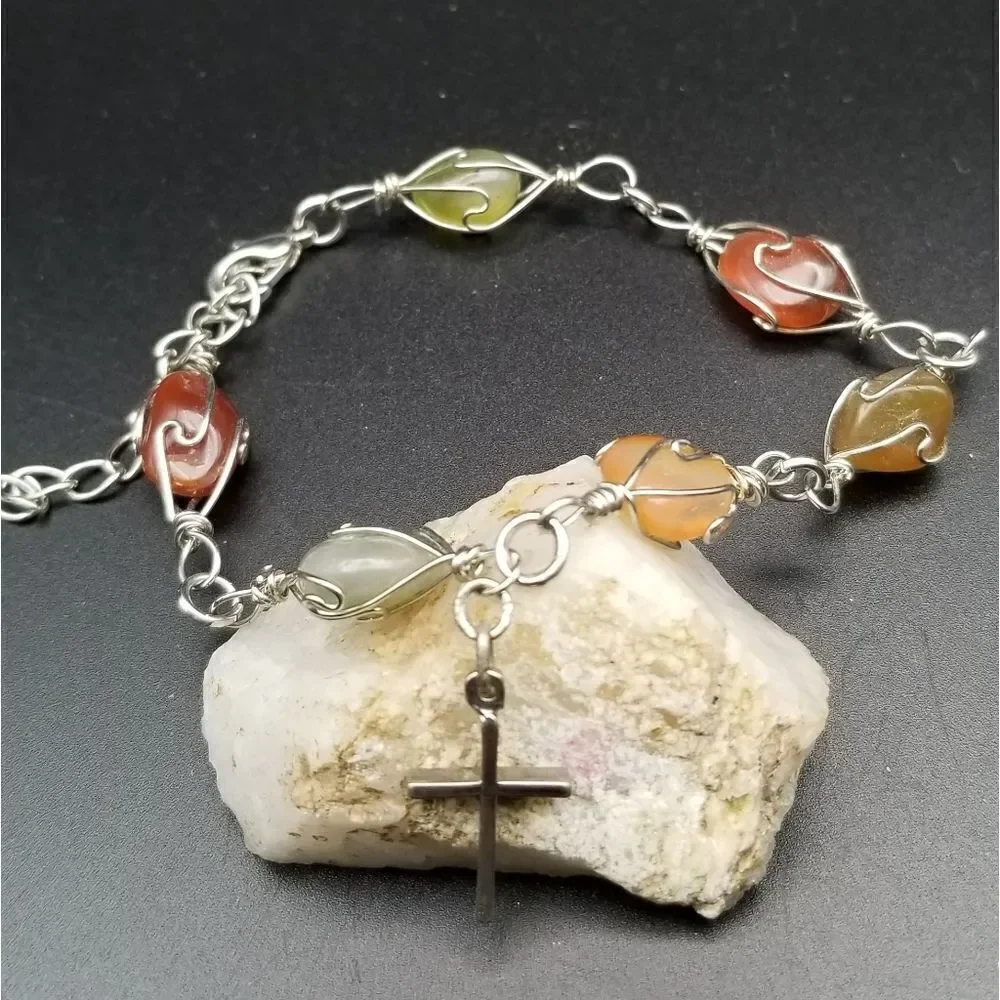Precious stone religious rosary bracelet cross charm. B335